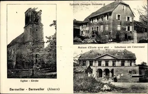 Ak Bernwiller Bernweiler Elsass Haut Rhin, Eglise, Epicerie Georges Dietmann, Maison d'Ecole