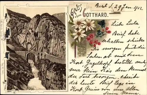 Litho Gruß vom Gotthard, Landschaft, Fluss, Brücke