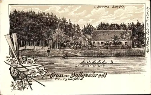 Litho Dolgenbrodt Heidesee in der Mark, L. Bauer's Gehöft, Ruderboot