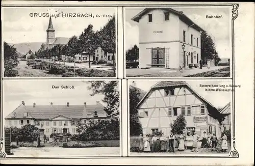 Ak Hirtzbach Hirzbach Elsass Haut Rhin, Bahnhof, Spezereihandlung, Schloss