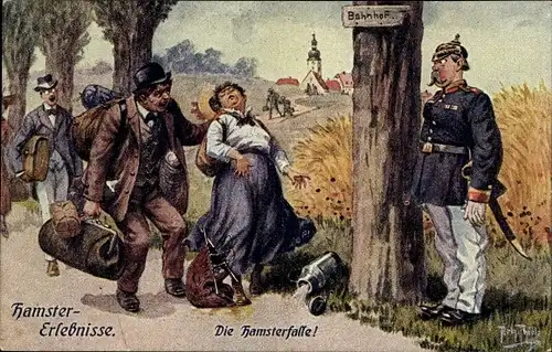 Künstler Ak Thiele, Arthur, Hamstererlebnisse, Die Hamsterfalle, Reisende