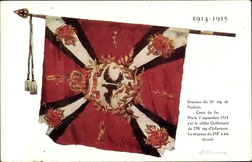 Künstler Ak Drapeau du 36e reg. de Fussiliers, Croix de Fer, I. WK