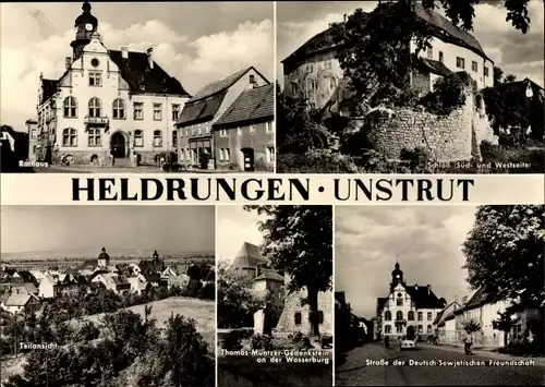 Ak Heldrungen im Kyffhäuserkreis Thüringen, Rathaus, Thomas Müntzer Gedenkstein an der Wasserburg