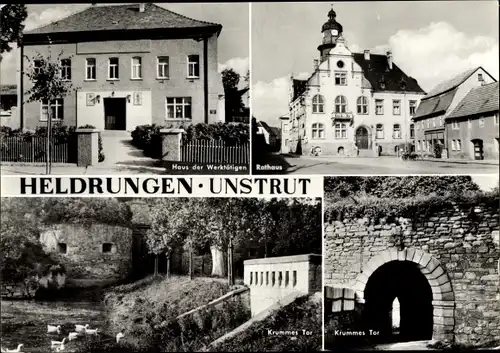 Ak Heldrungen im Kyffhäuserkreis Thüringen, Rathaus, Krummes Tor, Haus der Werktätigen