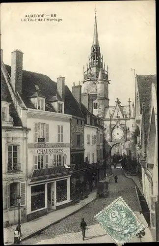 Ak Auxerre Yonne, Tour et Horloge, Commerce Chaussures La Botte d´Or