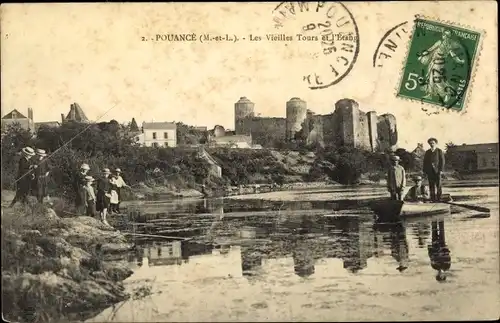 Ak Pouancé Maine et Loire, Les Vieilles Tours et l'Etang, Angler, Ruderboot