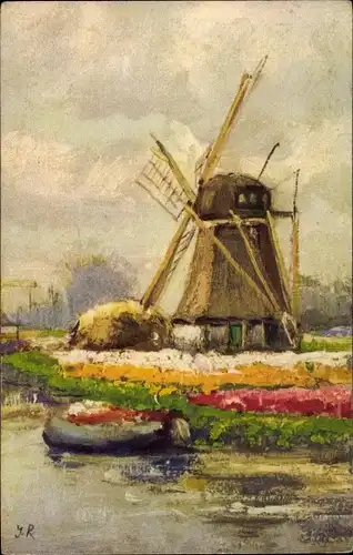 Künstler Ak Windmühle mit Tulpenfeldern