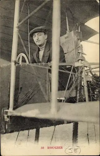 Ak Flugpionier Rougier im Flugzeug, Reklame Pougues, Carabana