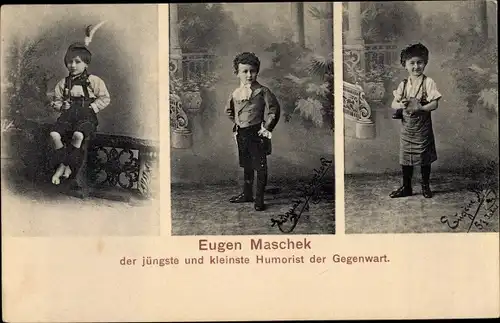 Ak Eugen Maschek, der jüngste und kleinste Humorist der Gegenwart, Portrait in Tracht, Tabakpfeife