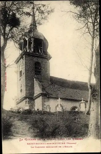 Ak Saint-Michel-sur-Meurthe Vosges, La Clocher Bombarde de L'Eglise