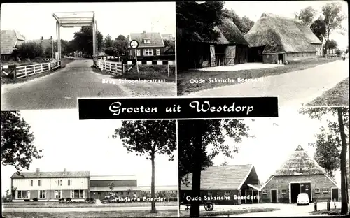 Ak Westdorp Drenthe, Brug Schoonloerstraat, Oude Saksische Boerderij, Moderne Boerderij