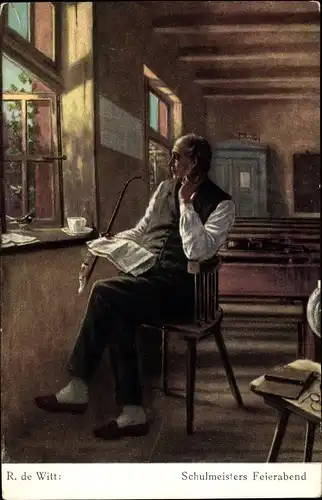 Künstler Ak de Witt, R., Schulmeisters Feierabend, Lehrer mit Pfeife am Fenster