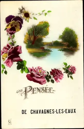 Künstler Ak Chavagnes les Eaux Maine et Loire, Rosen, Stiefmütterchen, Landschaft