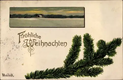 Präge Künstler Ak Mailick, Frohe Weihnachten, Tannenzweig, Winterlandschaft