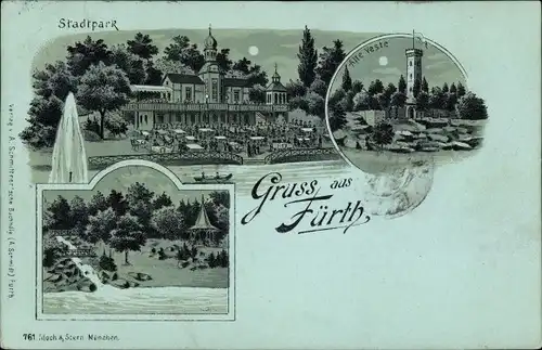 Mondschein Litho Fürth im Odenwald Hessen, Stadtpark, alte Veste