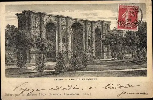 Künstler Ak Reims Marne, Arc de Triomphe, vue prise dans les Caves, Maison Leon Chandon Champagne