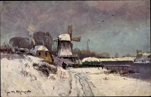 Künstler Ak Meinzolt, Georg M., Winterlandschaft mit Windmühle