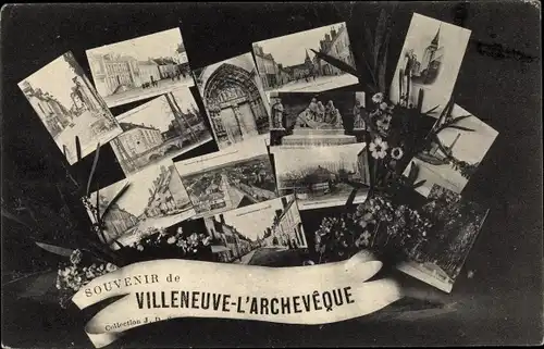 Ak Villeneuve L'Archevêque Yonne, Montage, Souvenir, Église, Place, Monument