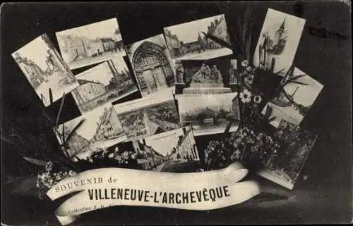 Ak Villeneuve L'Archevêque Yonne, Teilansichten, Kirche, Platz, Denkmal