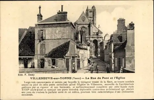 Ak Villeneuve sur Yonne, La Rue du Pont et l´Église