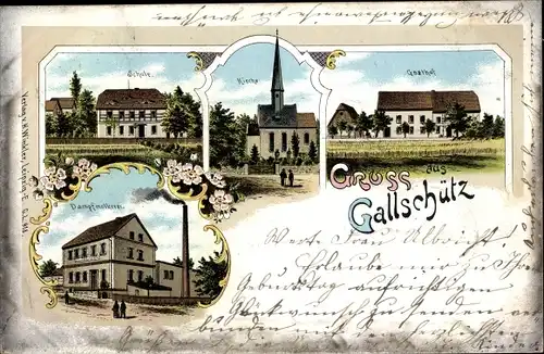 Litho Gallschütz Nossen Landkreis Meißen, Gasthof, Kirche, Schule, Dampfmolkerei