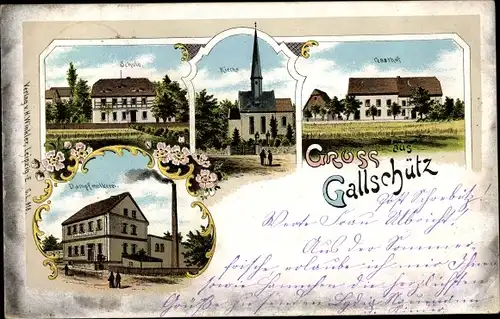 Litho Gallschütz Nossen Landkreis Meißen, Schule, Kirche, Gasthof, Dampfmolkerei