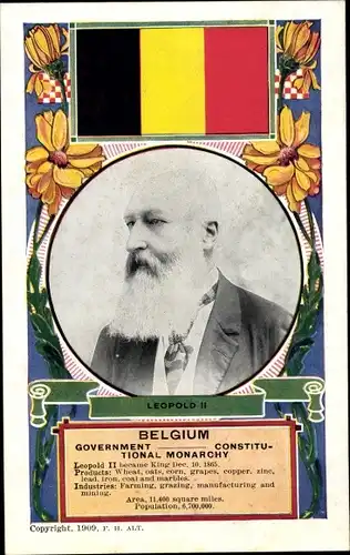 Passepartout Ak König Leopold II. von Belgien, Portrait, Flagge