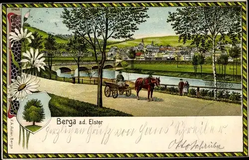 Litho Berga an der Elster Thüringen, Panorama, Wappen