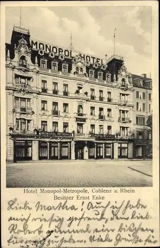 Ak Koblenz am Rhein, Hotel Monopol Metropole, Außenansicht
