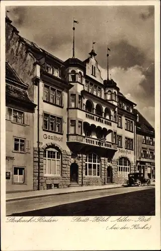 Ak Stockach im Hegau, Stadt Hotel Adler Post bei der Kirche, Außenansicht