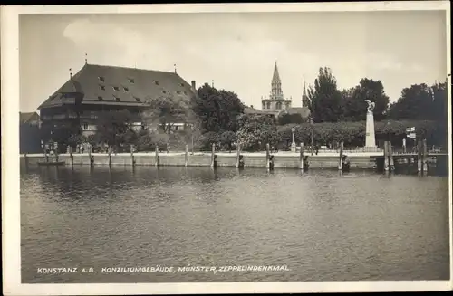 Ak Konstanz am Bodensee, Konziliumgebäude, Münster, Zeppelindenkmal