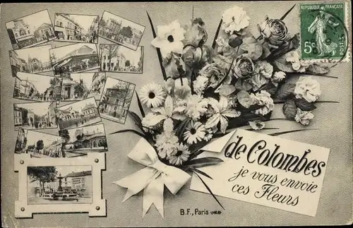 Ak Colombes Hauts de Seine, Montage, Je vous envoie ces Fleurs, Vues diverses de la Ville