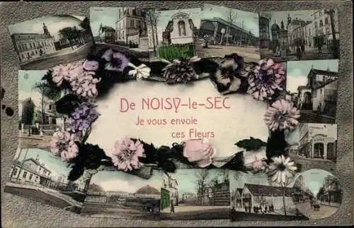 Ak Noisy-le-Sec Seine Saint Denis, Teilansichten, Kirche, Platz, Rathaus, Blumen