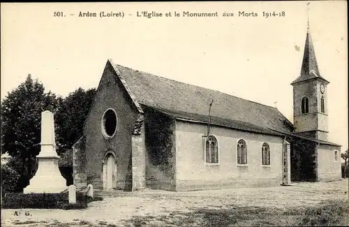 Ak Ardon Loiret, L´Église et le Monument aux Morts 1914-1918