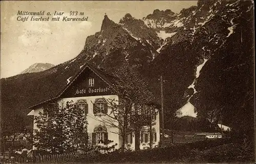 Ak Mittenwald im Kreis Garmisch Partenkirchen, Café Isarlust mit Karwendel