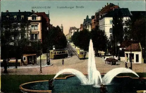 Ak Mannheim in Baden Württemberg, Heidelberger Straße, Springbrunnen, Straßenbahn