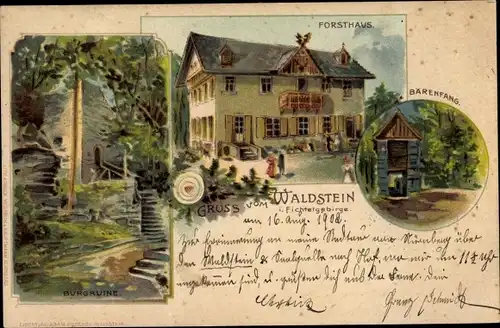 Litho Zell Fichtelgebirge, Waldstein, Forsthaus, Bärenfang, Burgruine, Waldhaus, Bes. Adam Rossner