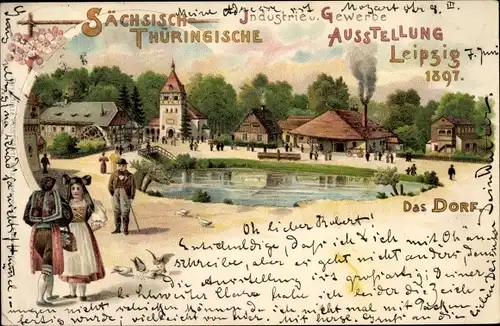 Litho Leipzig in Sachsen, Industrie und Gewerbeausstellung 1897, Dorf, Trachten