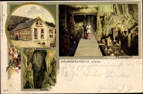 Litho Hasel in Baden, Erdmannshöhle, Innenansicht, Fürstengruft, Kapelle, Gasthaus