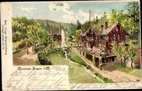 Litho Hagen in Westfalen, Gasthaus Waldlust, Hugo Brackelsberg
