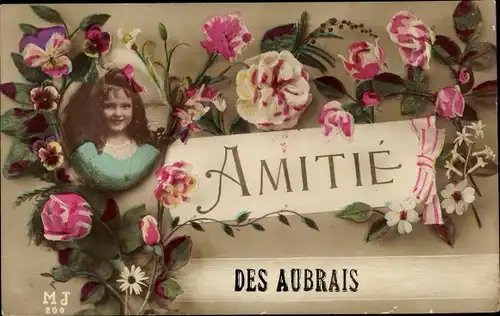 Ak Les Aubrais Loiret, Montage, Amitiés avec Fleurs et Portrait de Jeune Fille