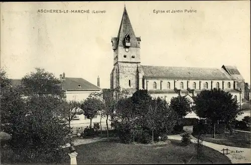 Ak Aschères-le-Marché Loiret, Église et Jardin Public