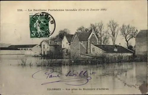 Ak Colombes Hauts de Seine, Vue prise du Boulevard d´Achères, Inondations de 1910