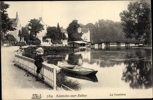 Ak Samois sur Seine Seine et Marne, La Vauthère, Pont avec Barque