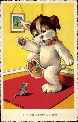 Künstler Ak Hund fürchtet sich vor einer Maus