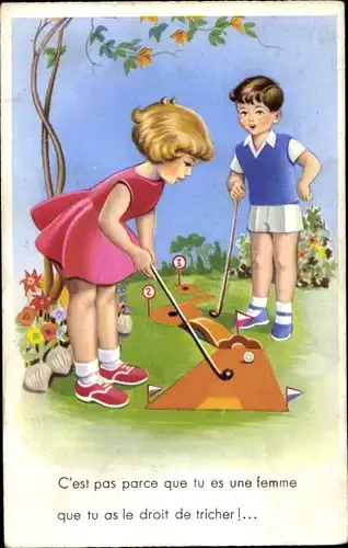 Künstler Ak Junge und Mädchen spielen Minigolf