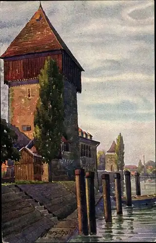 Litho Konstanz am Bodensee, Rheintorturm und Pulverturm