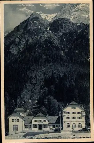 Ak Garmisch Partenkirchen in Oberbayern, Zugspitzbahn mit Zugspitze, Zugspitz Hotel