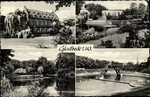 Ak Gladbeck im Ruhrgebiet, Haus Wittringen, Ehrenmal, Schwimmbad, Gondelteich