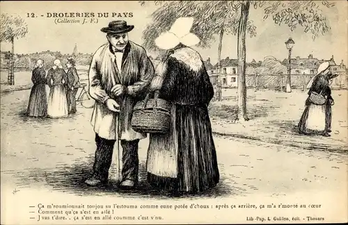 Litho Ak Thouars Deux Sèvres, Drôleries du Pays, Couple dans un Parc